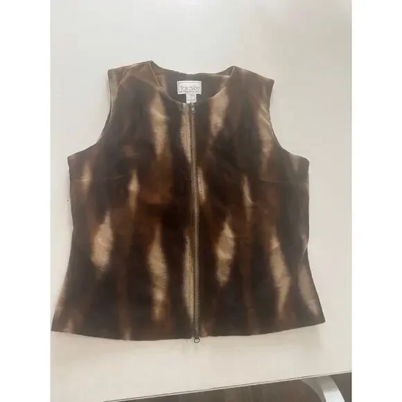 Vintage Faux Fur Zip‎ Vest Brown Tan Ombre Animal Print 90s Y2K Cozy Layer large - Picture 2 of 7